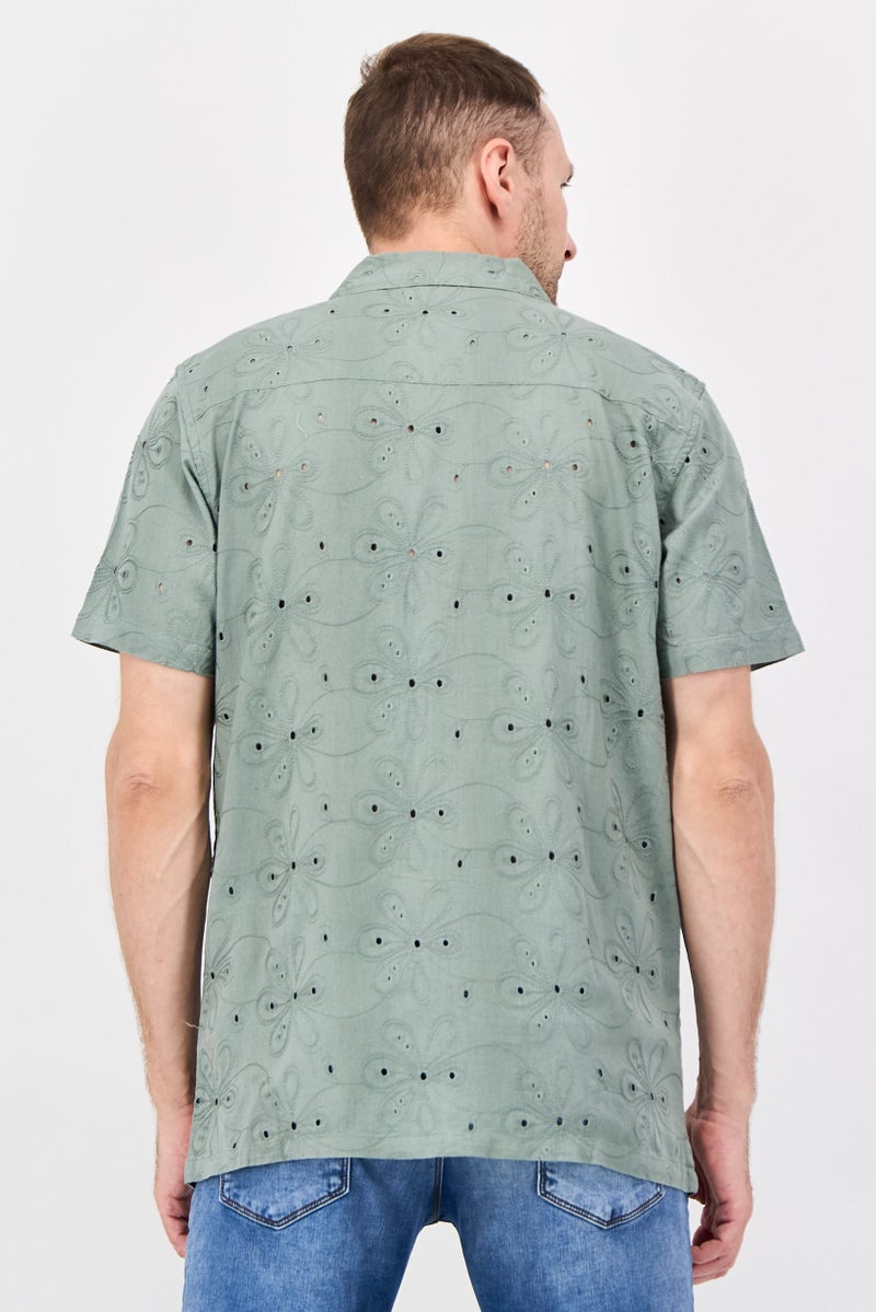 Threadbare Men Regular Fit Embroidered Short Sleeve Casual Shirt, Sage Green - Image 3